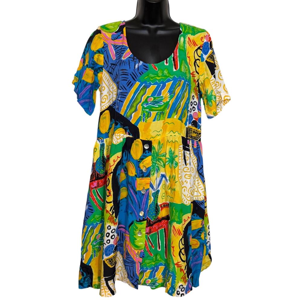 Vintage Big Hed Designs Abstract Art Dress S Made In USA Boho Artsy 90s Rayon